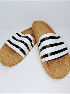 Adidas Adilette Cork Slides Black White Striped Woman's Size 6